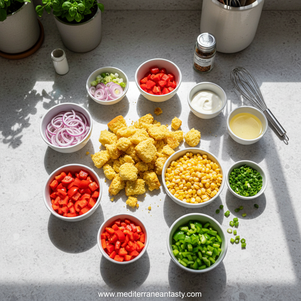 Ingredients for cornbread salad including cornbread, vegetables, and dressing