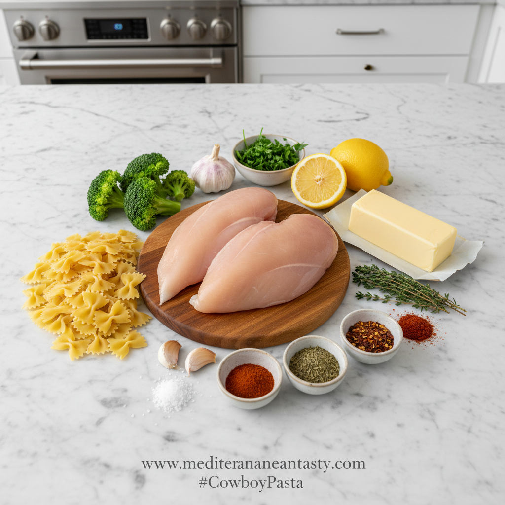 Ingredients for lemon cowboy butter chicken pasta