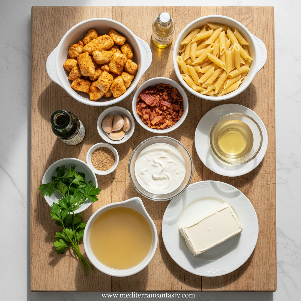 Ingredients for creamy chicken ranch pasta