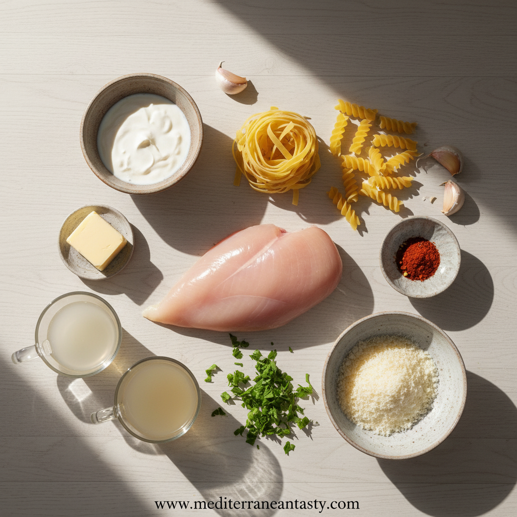 Ingredients for creamy cowboy butter chicken pasta