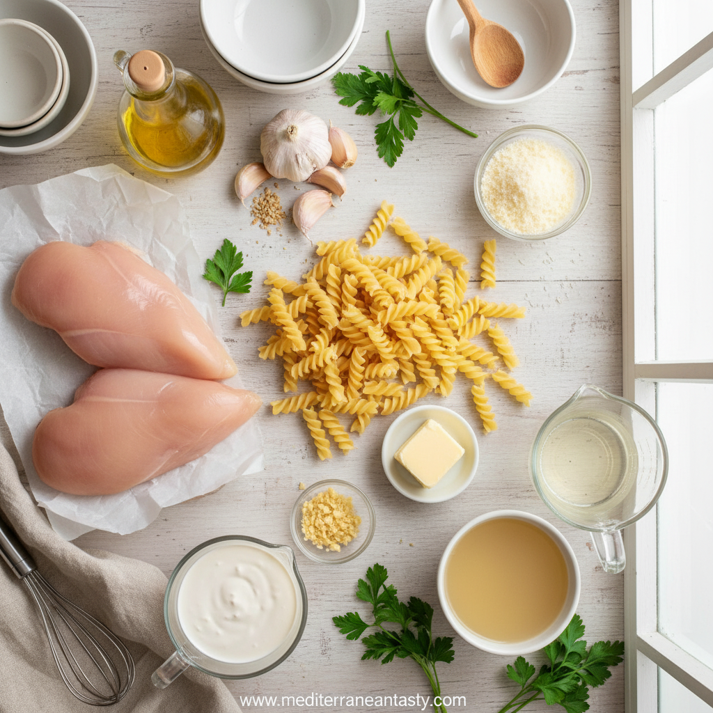 Ingredients for creamy garlic Parmesan chicken pasta