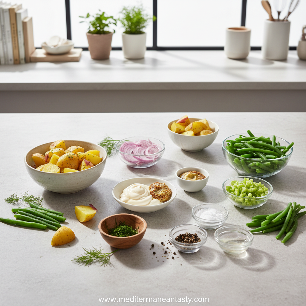 Ingredients for creamy green bean potato salad including potatoes, green beans, and fresh herbs
