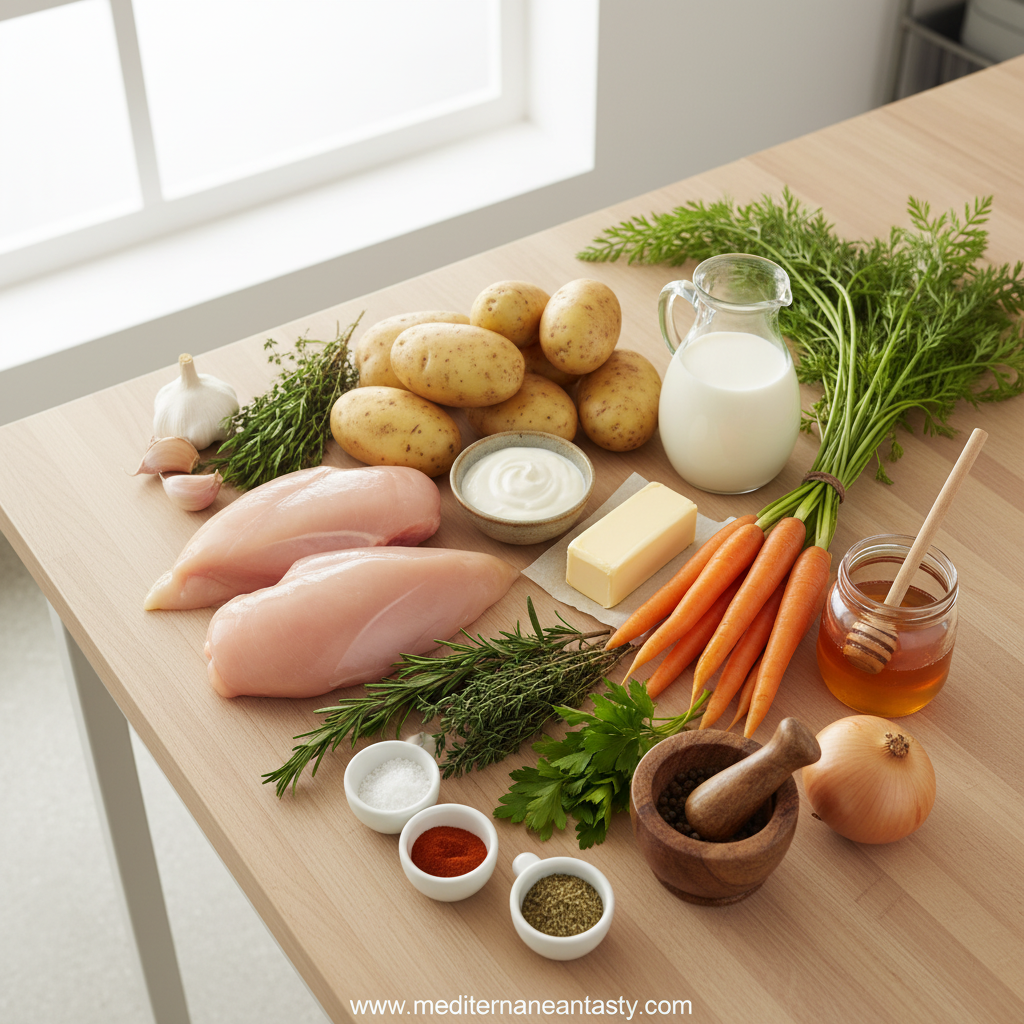 Ingredients for creamy herb chicken dinner preparation