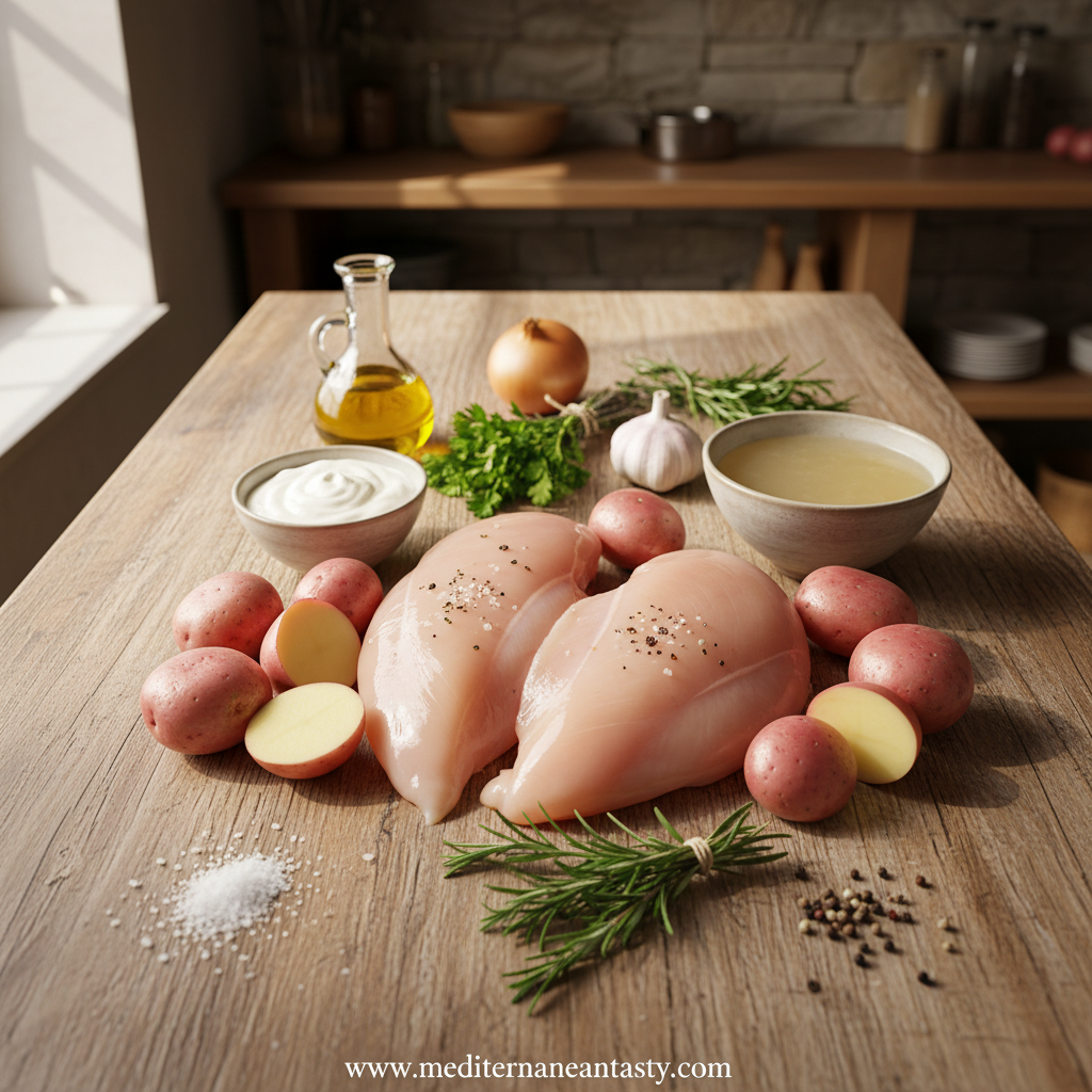 Ingredients for creamy herb chicken and roasted potatoes