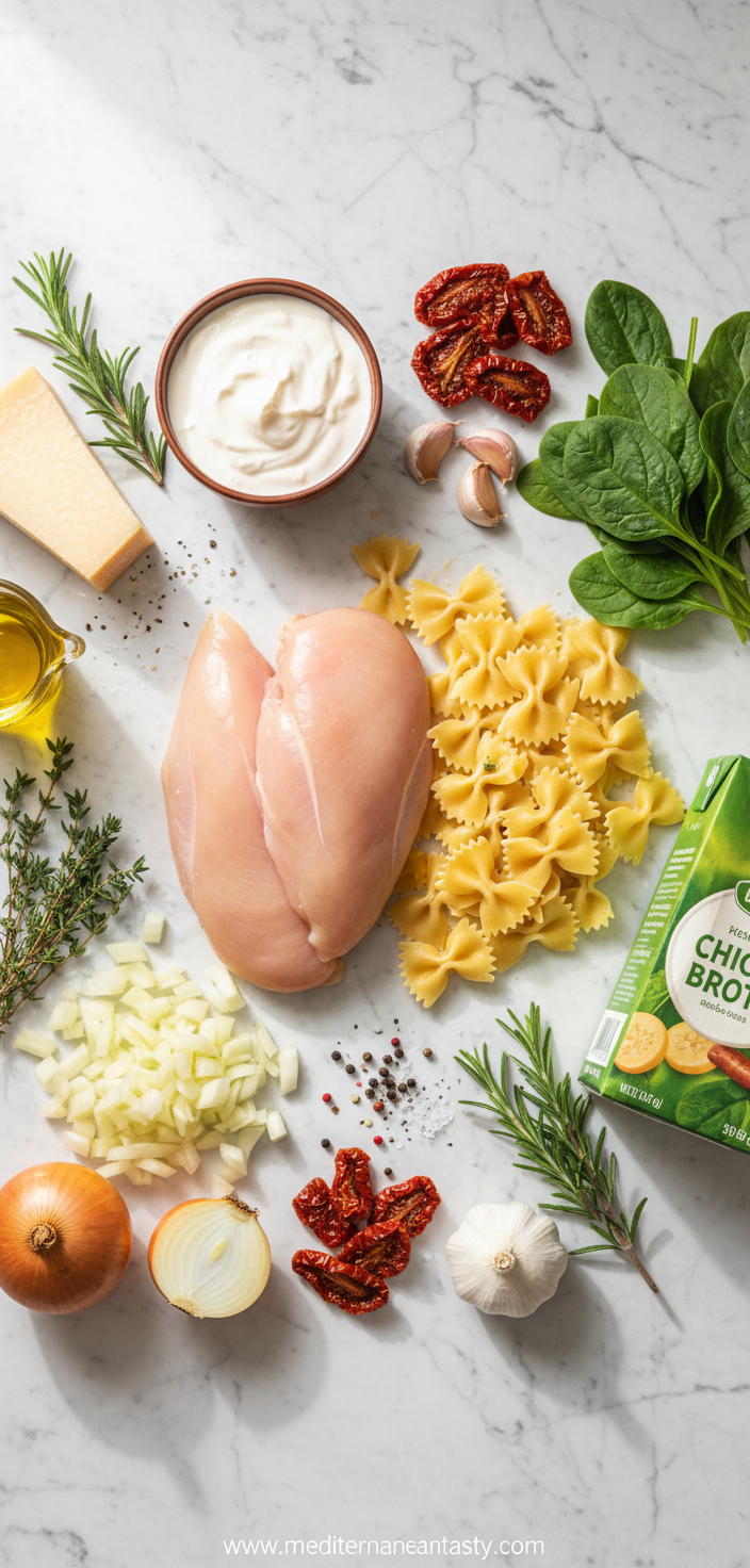 Ingredients for creamy chicken pasta including chicken, pasta, cream, and sun-dried tomatoes