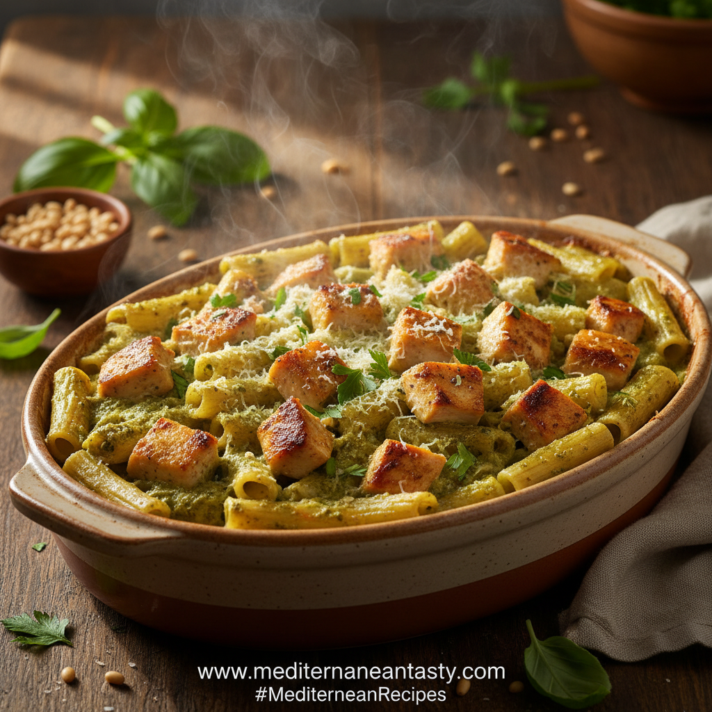 Creamy pesto chicken pasta bake with golden cheese topping