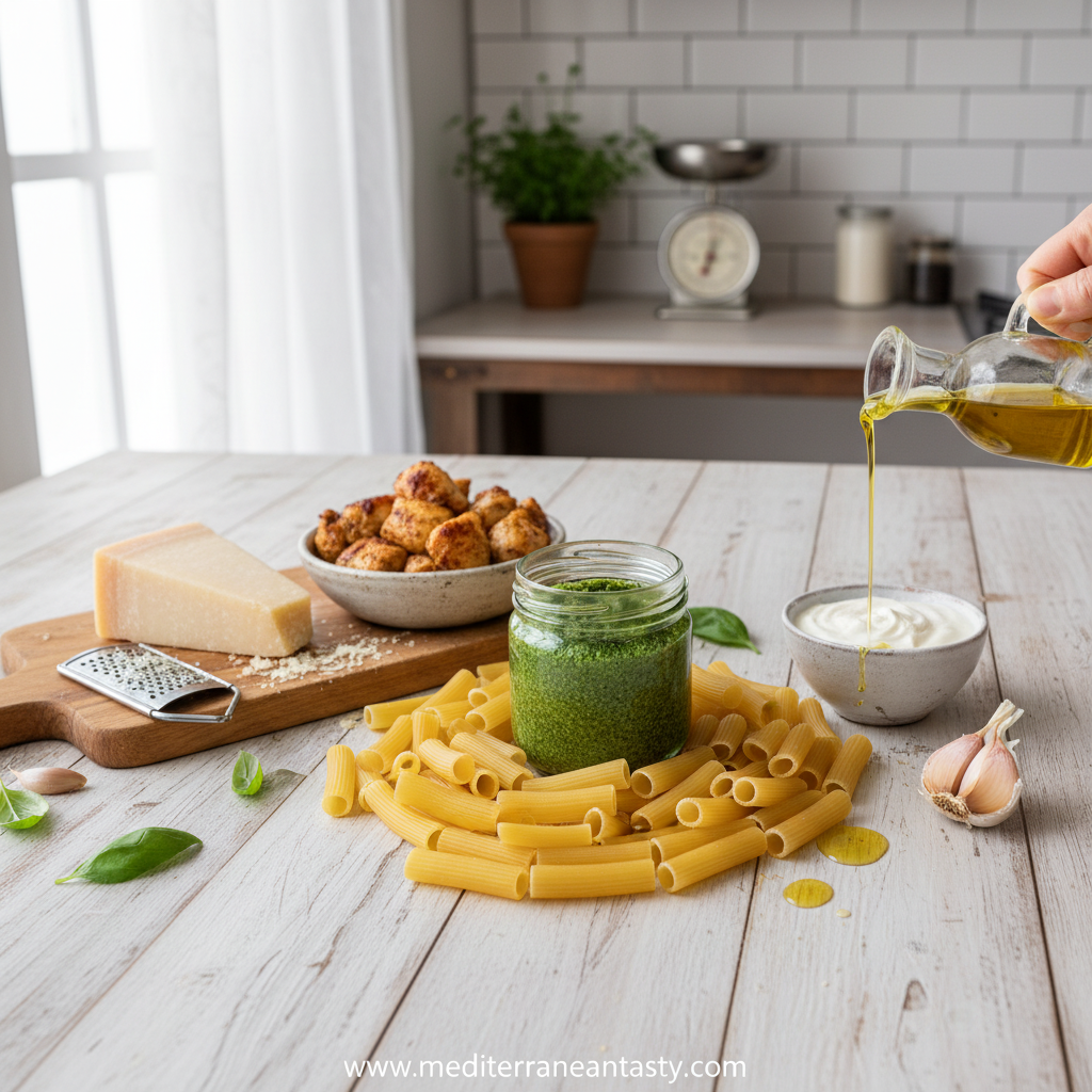 Ingredients for creamy pesto chicken pasta bake