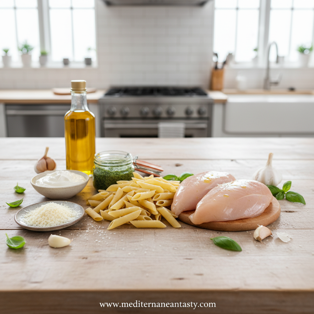 Fresh ingredients for creamy pesto chicken pasta bake