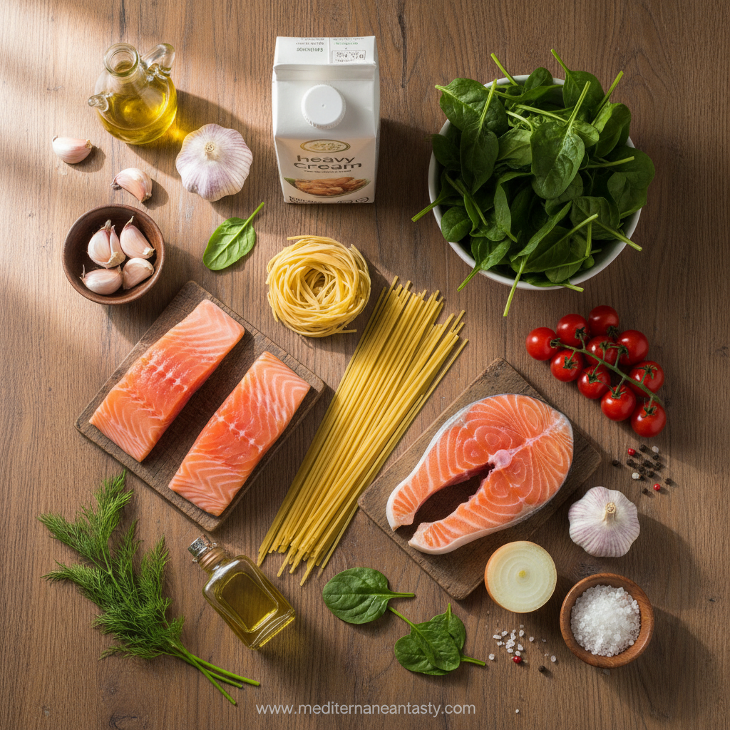Ingredients for creamy salmon pasta including salmon fillets, pasta, cream, garlic, and herbs