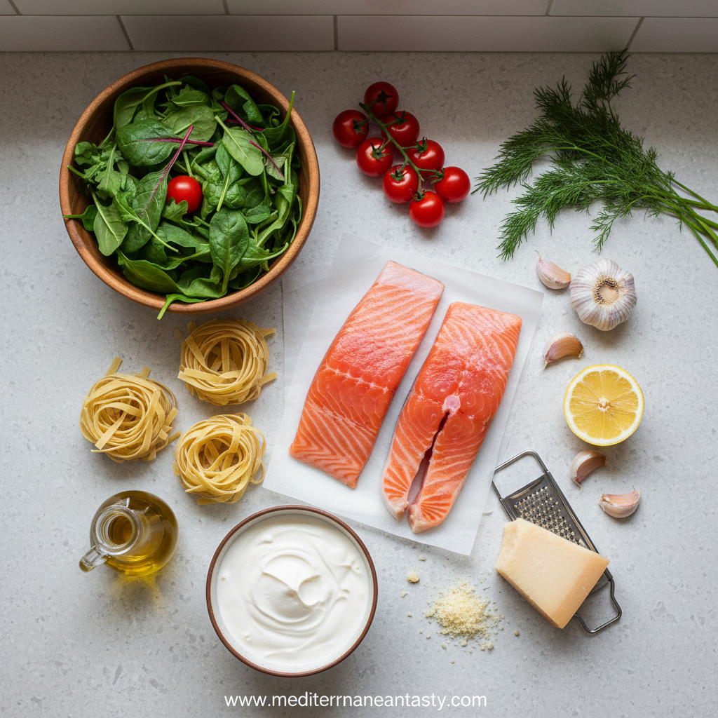Ingredients for creamy salmon pasta including salmon, pasta, cream, and mixed greens