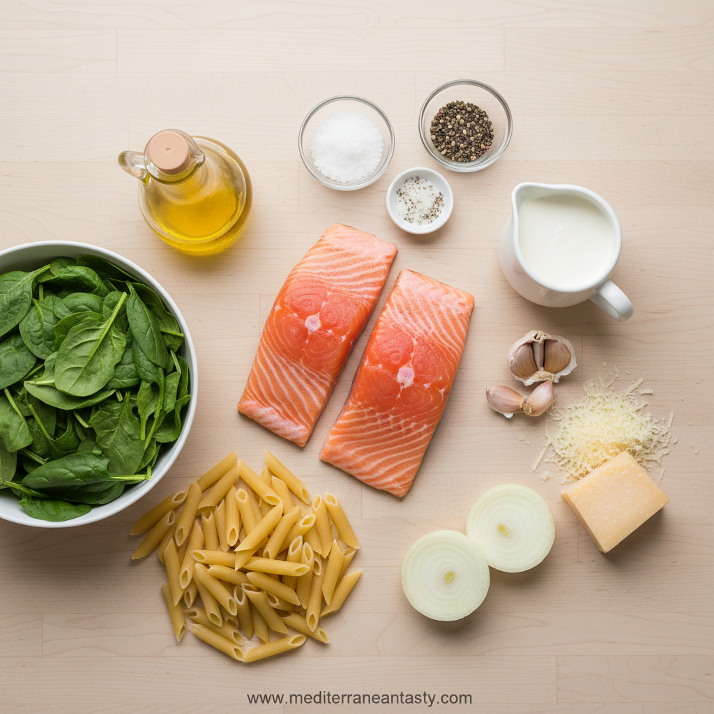 Ingredients for creamy salmon spinach pasta recipe