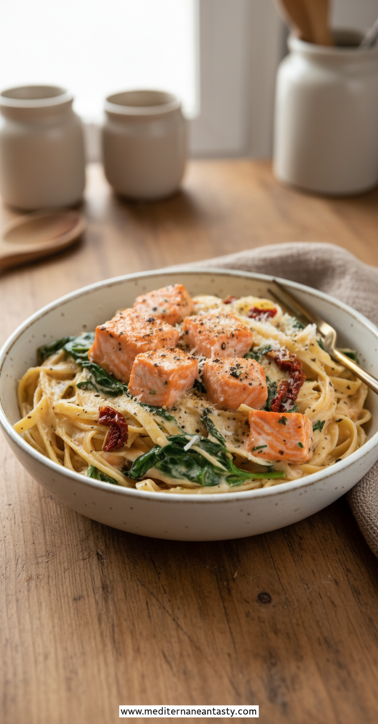Creamy Tuscan salmon pasta with sun-dried tomatoes and spinach in a skillet