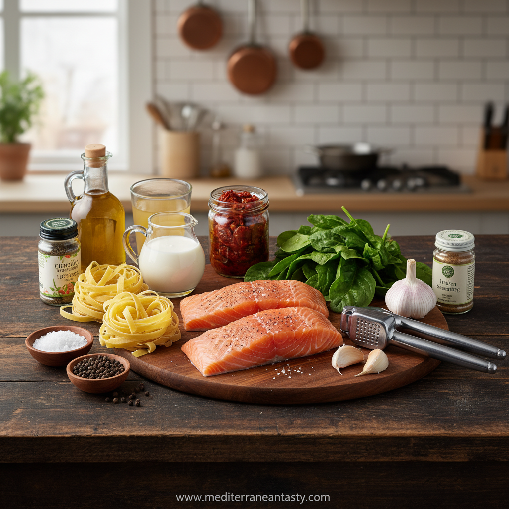Ingredients for creamy Tuscan salmon pasta including salmon fillets, pasta, spinach, sun-dried tomatoes, and cream