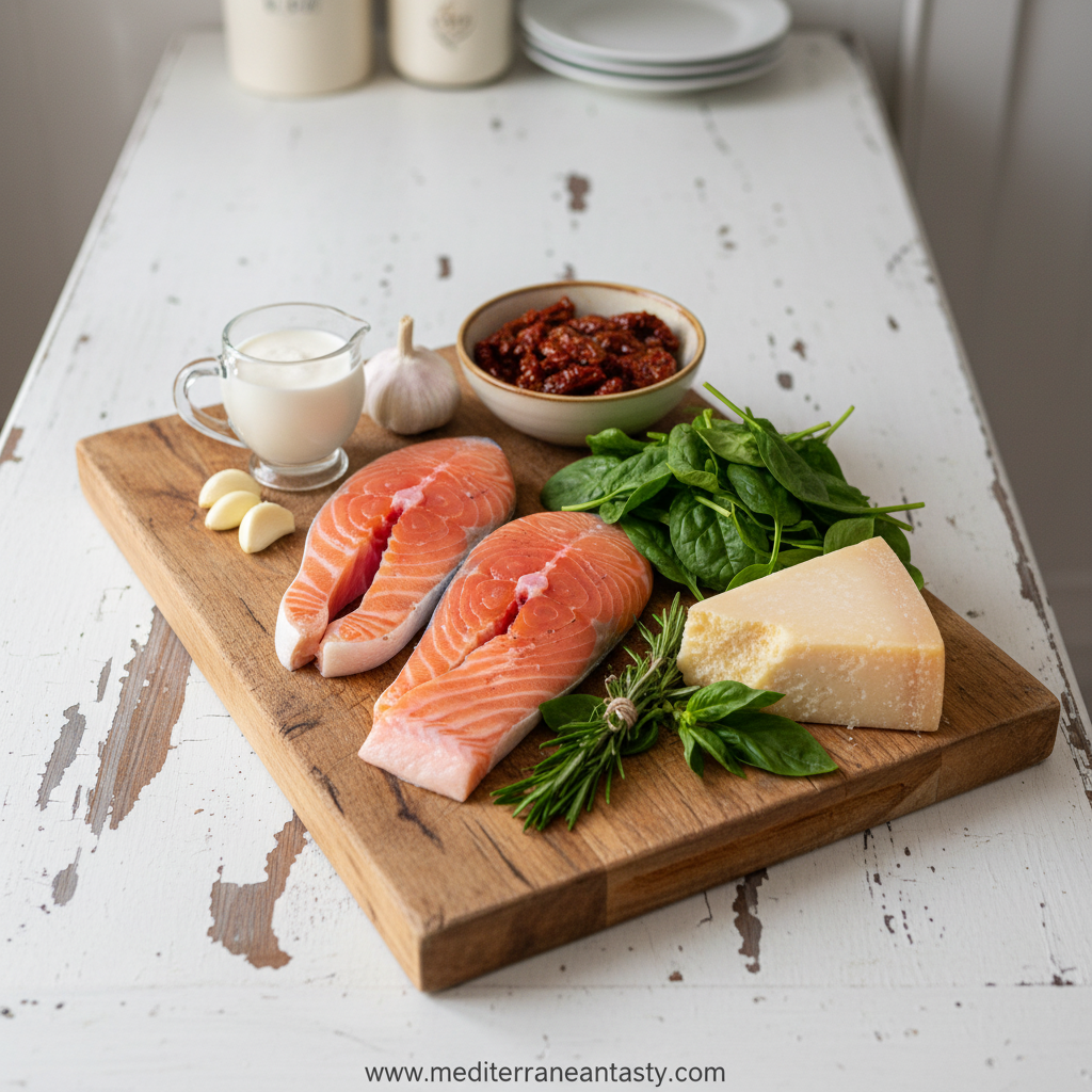 Fresh ingredients for creamy Tuscan salmon recipe