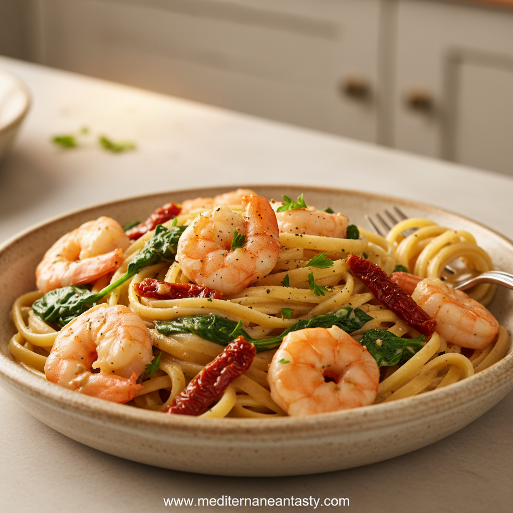 Creamy Tuscan shrimp linguine served in a white bowl with parsley garnish