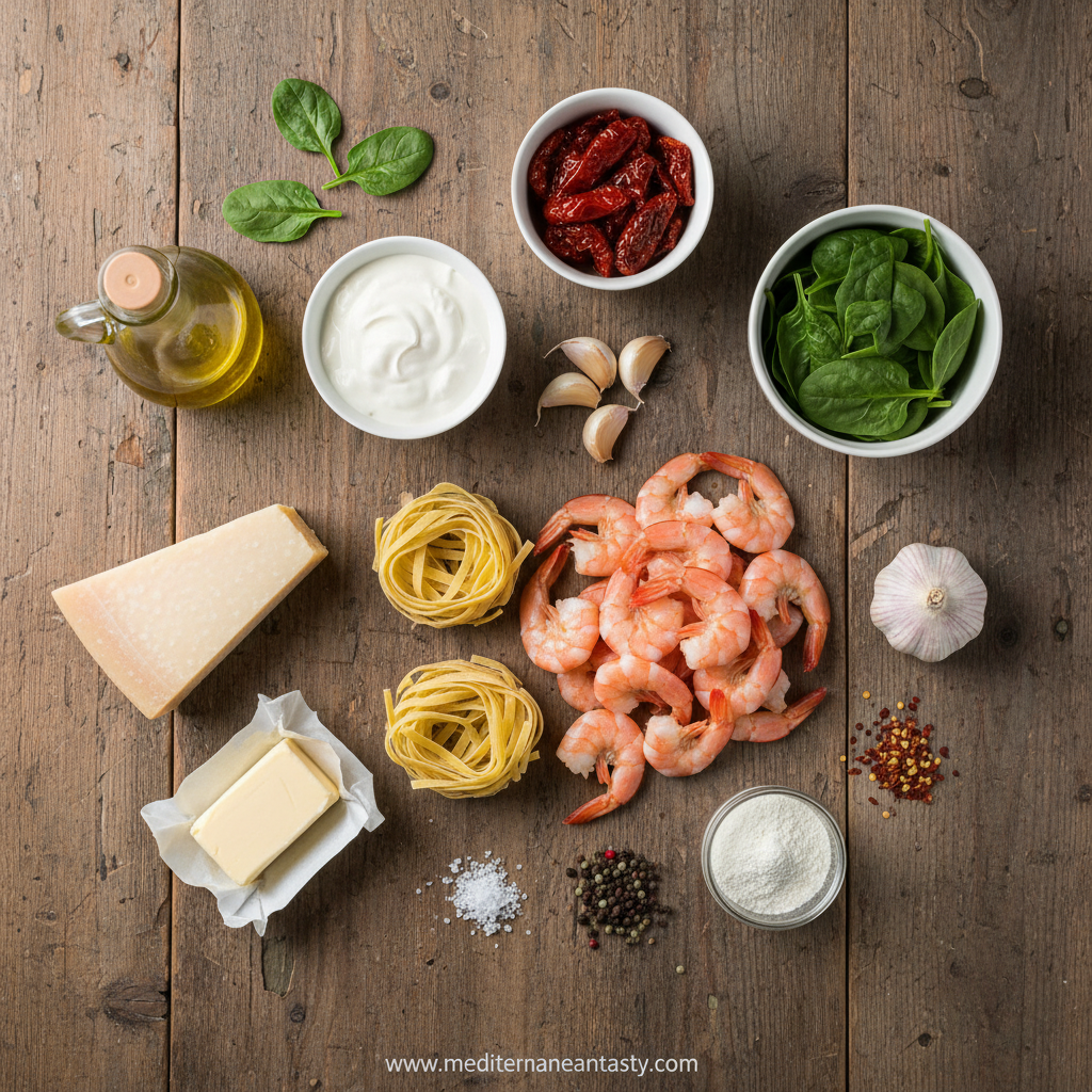 Ingredients for creamy Tuscan shrimp linguine laid out on counter