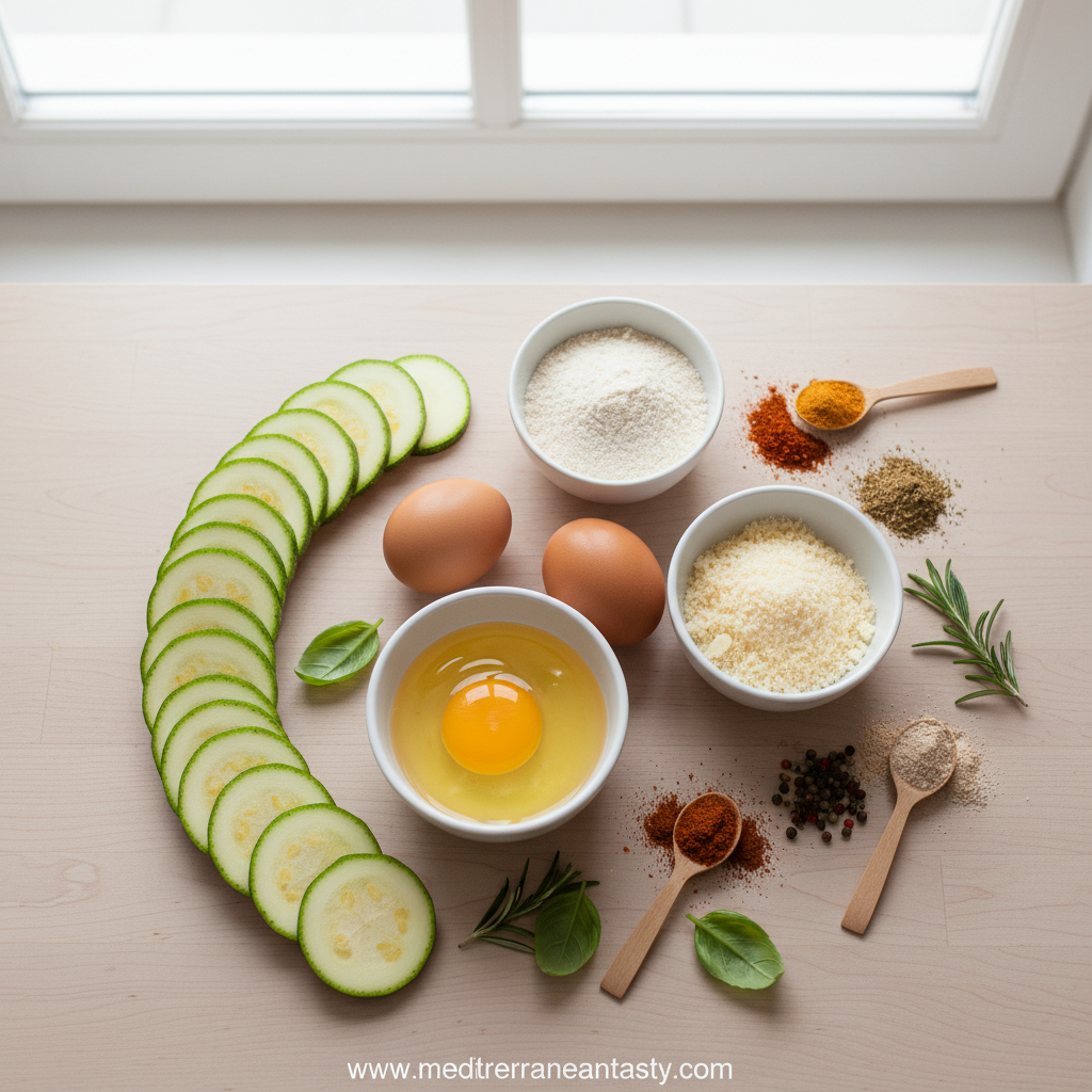 Ingredients for keto zucchini fries including zucchini, almond flour, and seasonings