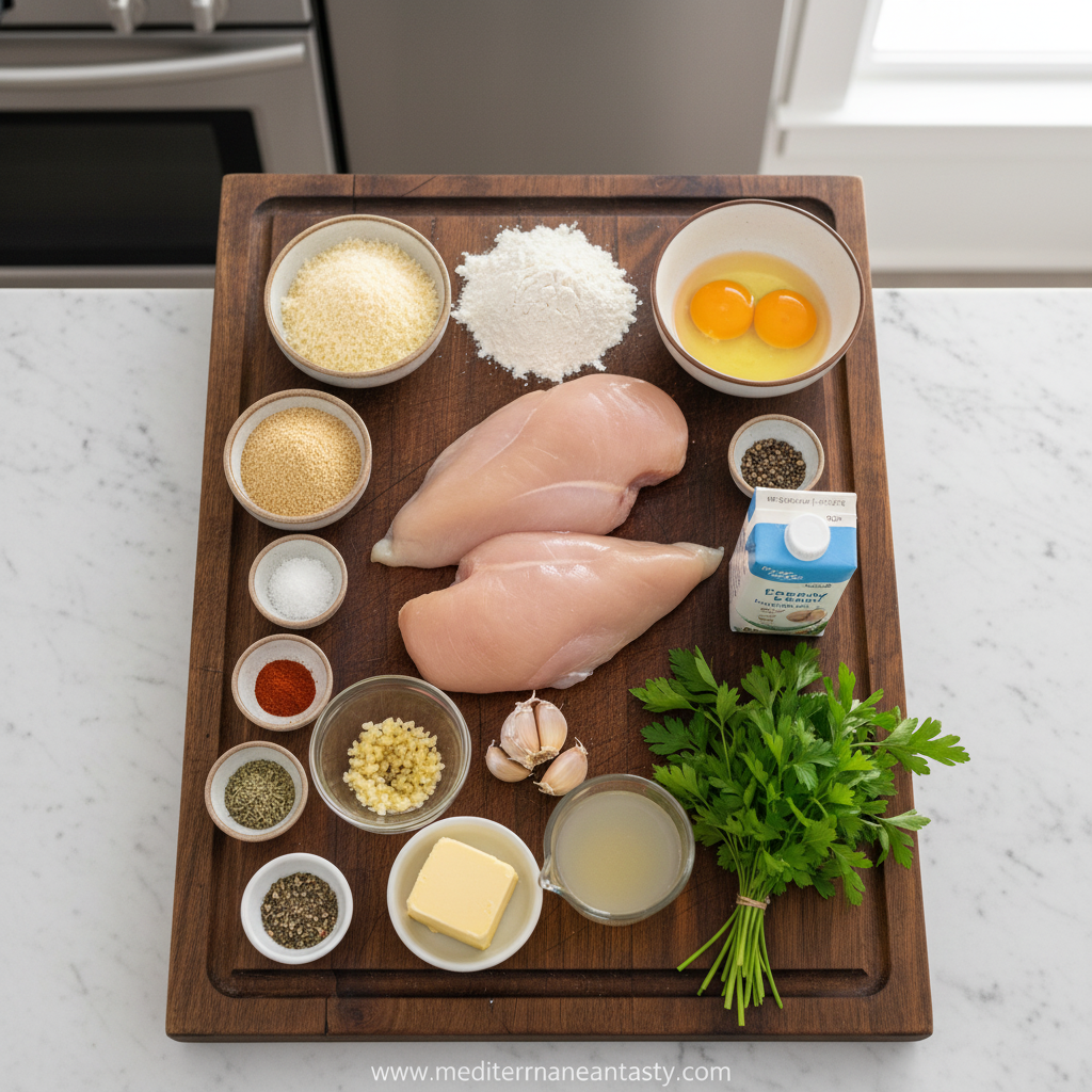 Ingredients for crispy parmesan chicken with garlic sauce laid out on kitchen counter