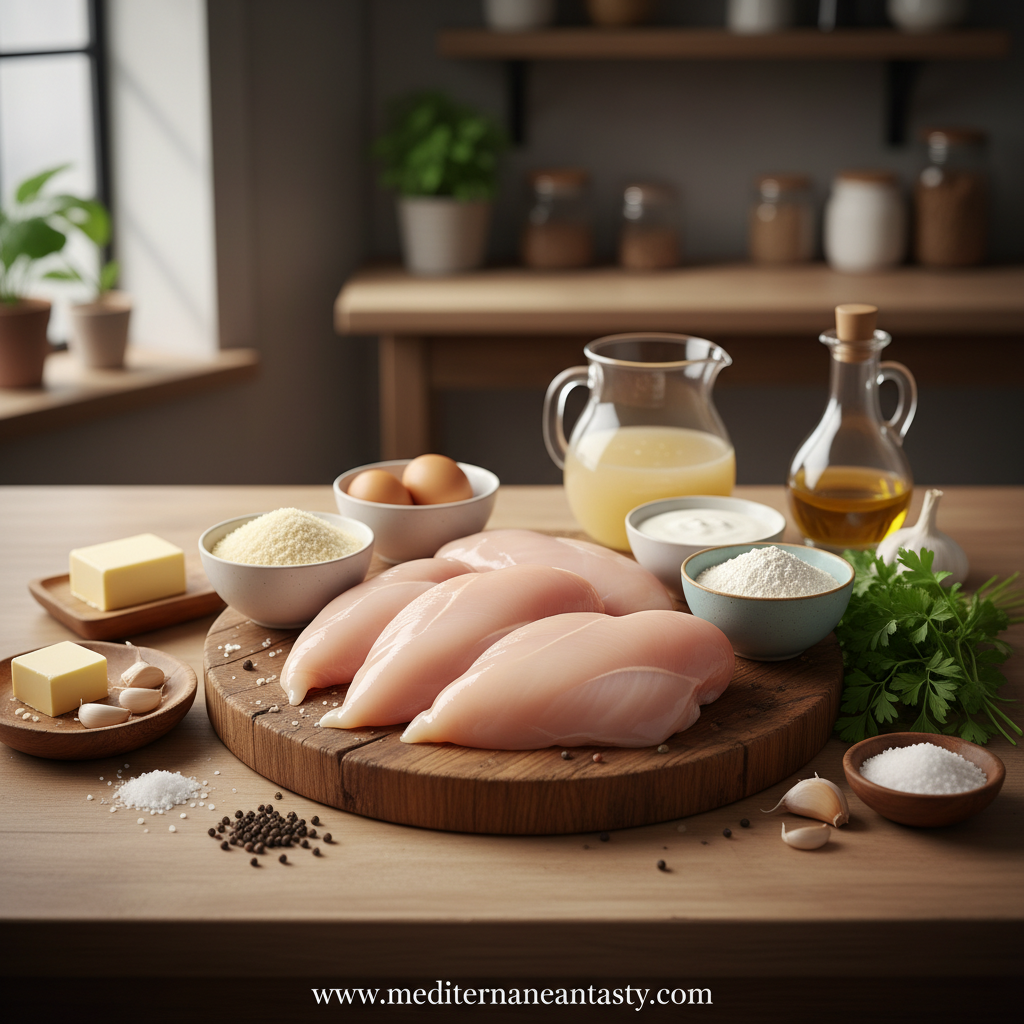 Ingredients for crispy Parmesan chicken and garlic sauce