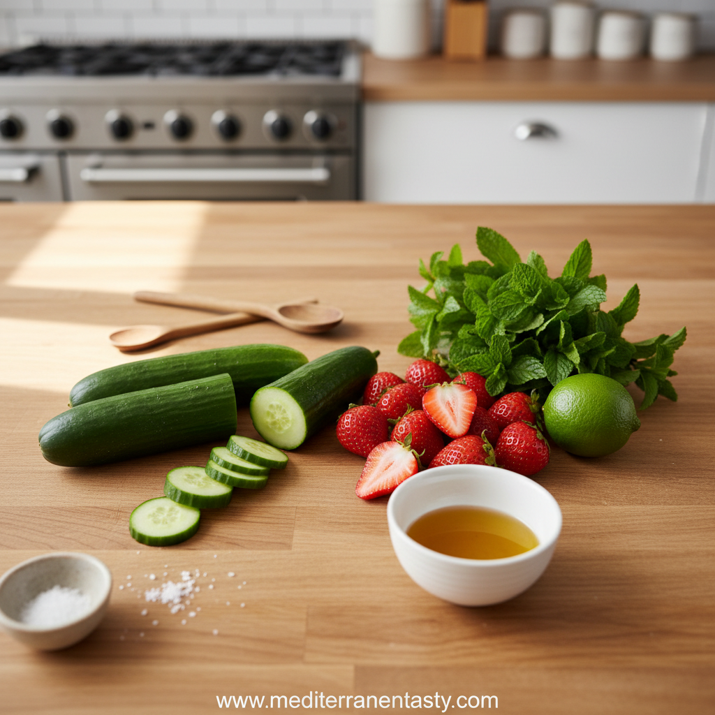 Fresh ingredients for cucumber strawberry salad