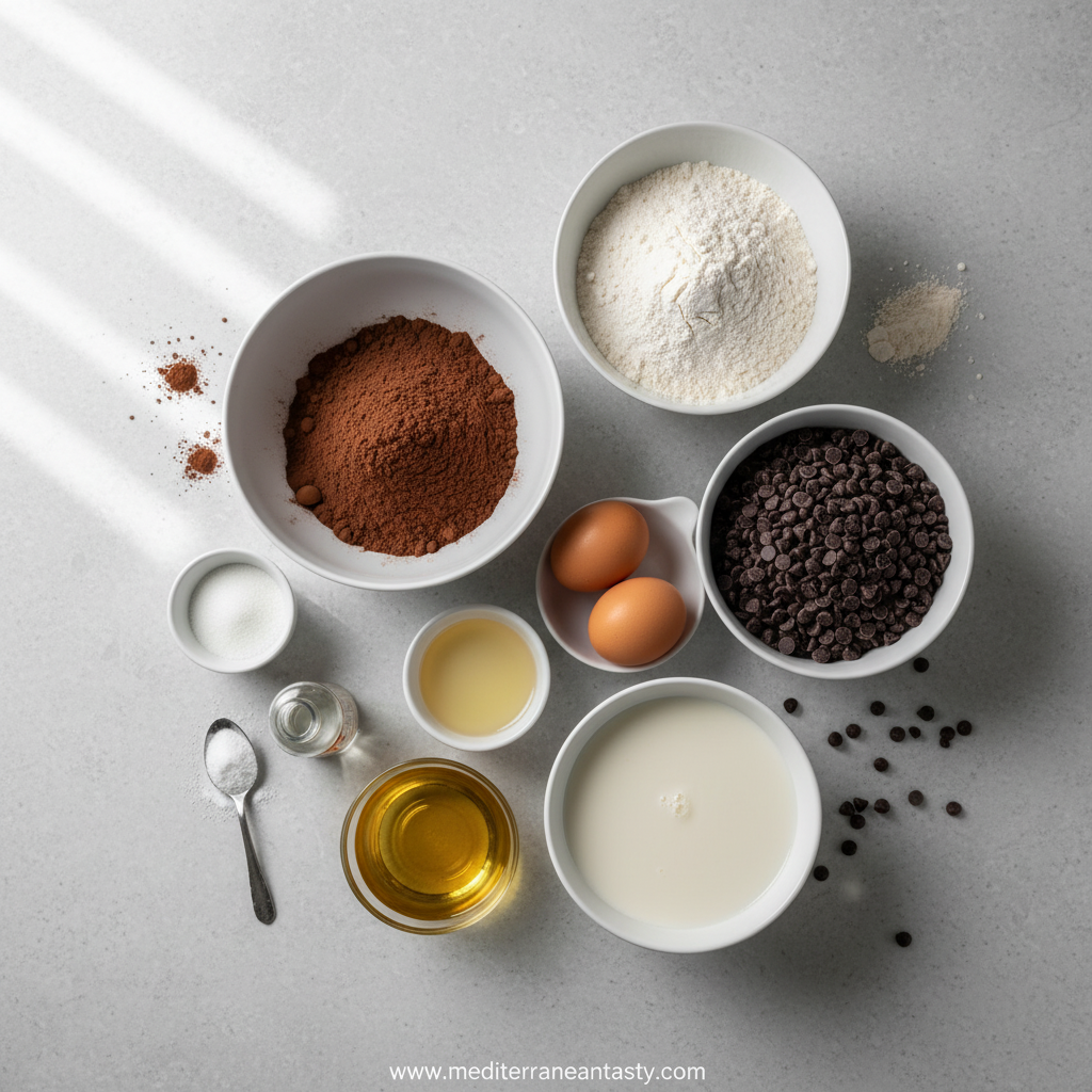 Dark chocolate sheet cake ingredients on counter