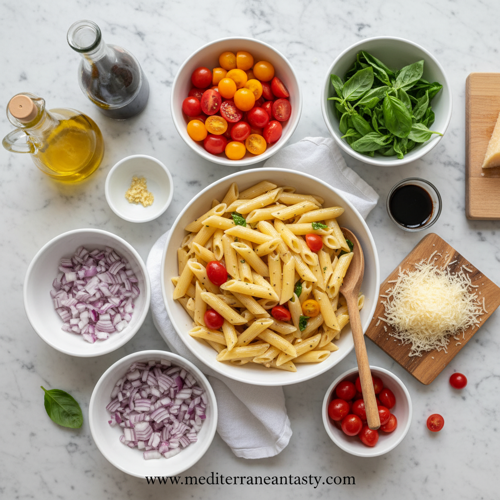 Ingredients for bruschetta pasta salad arranged beautifully