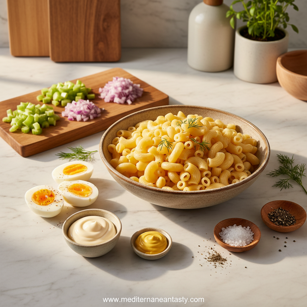 Ingredients for deviled egg pasta salad including eggs, pasta, mayonnaise, and vegetables