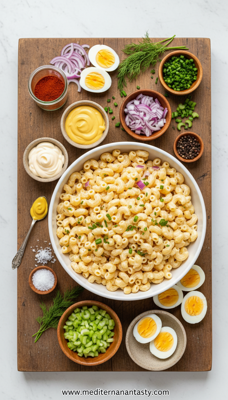 Ingredients for deviled egg pasta salad including eggs, pasta, mayonnaise, and vegetables