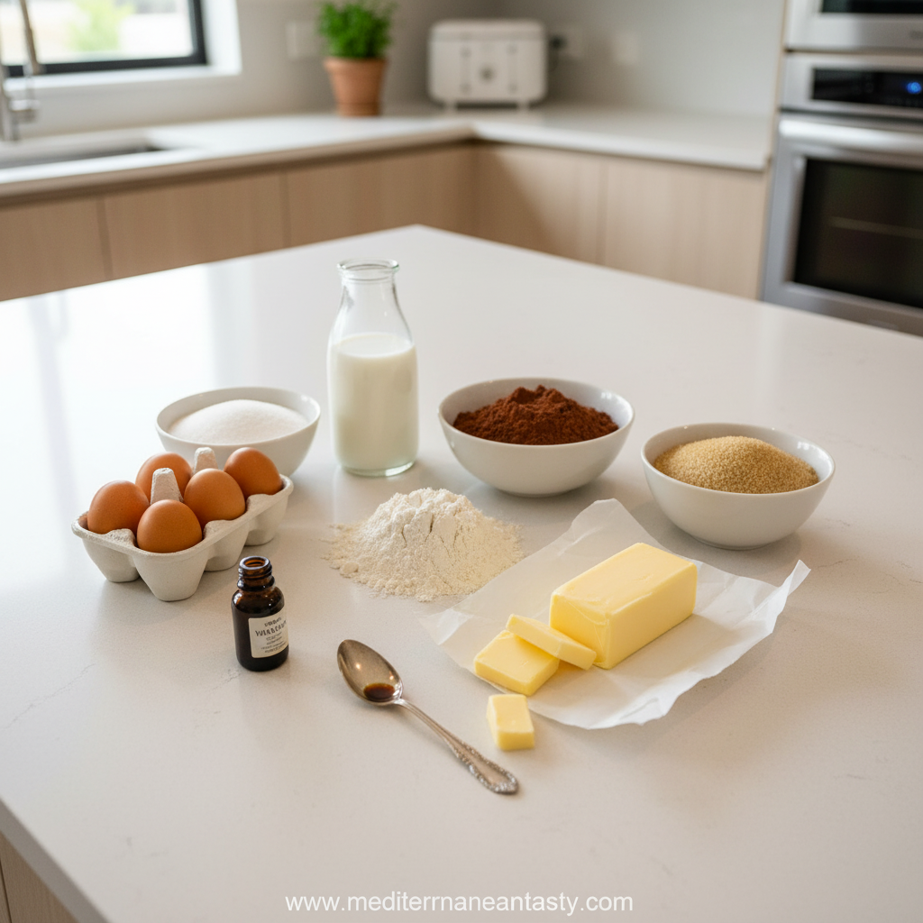 Ingredients for chocolate sheet cake including flour, cocoa powder, sugar, and butter