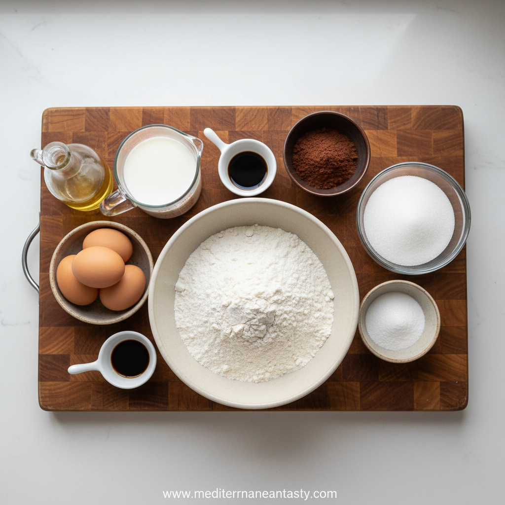 Ingredients for chocolate traybake cake arranged on counter