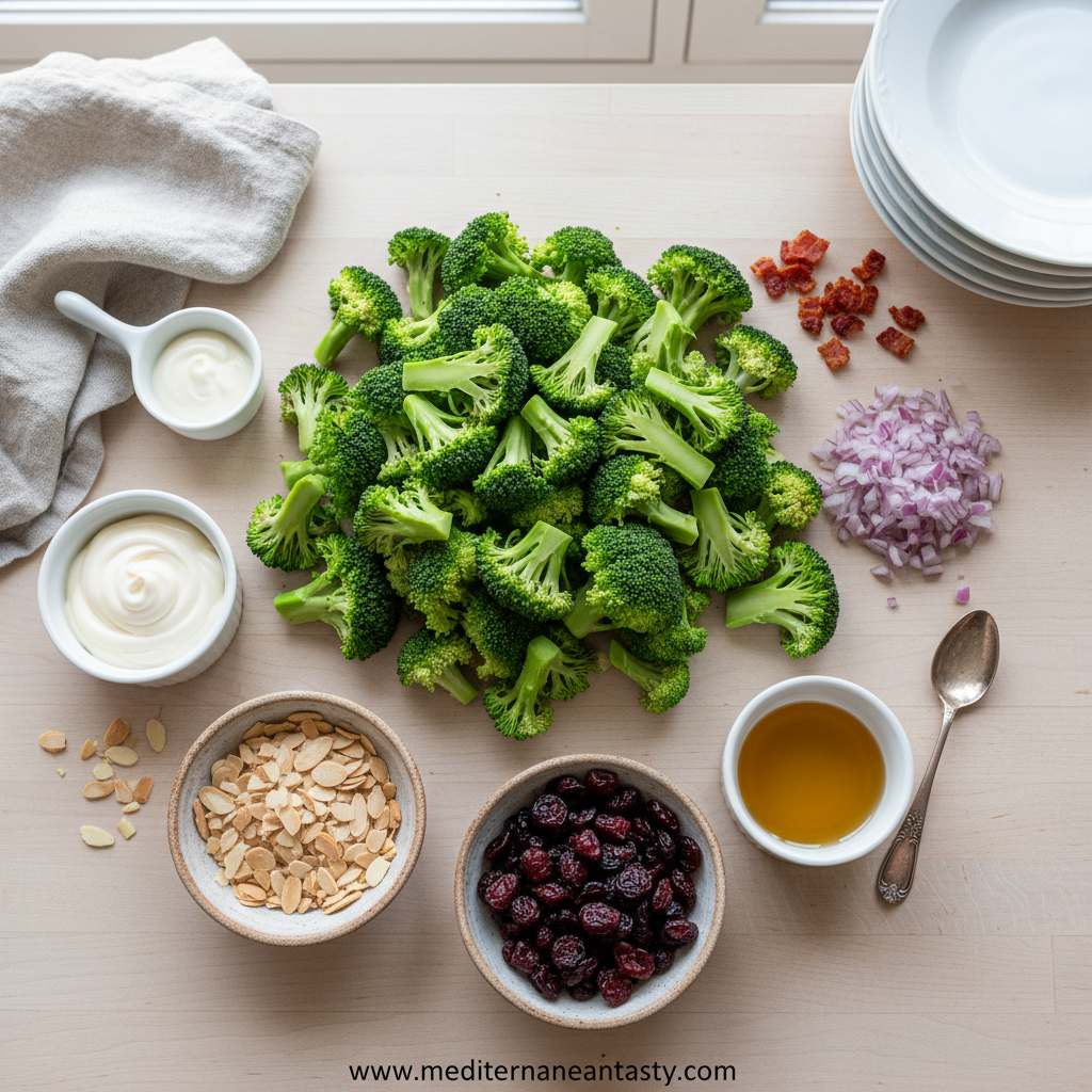 Fresh ingredients for broccoli salad including broccoli, red onion, cranberries and sunflower seeds
