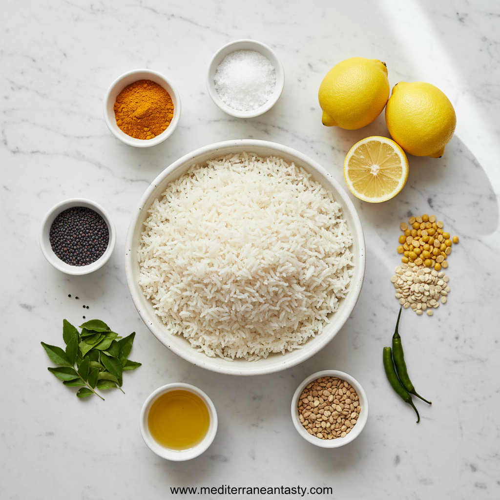 Ingredients for South Indian lemon rice including rice, lemons, peanuts, and spices