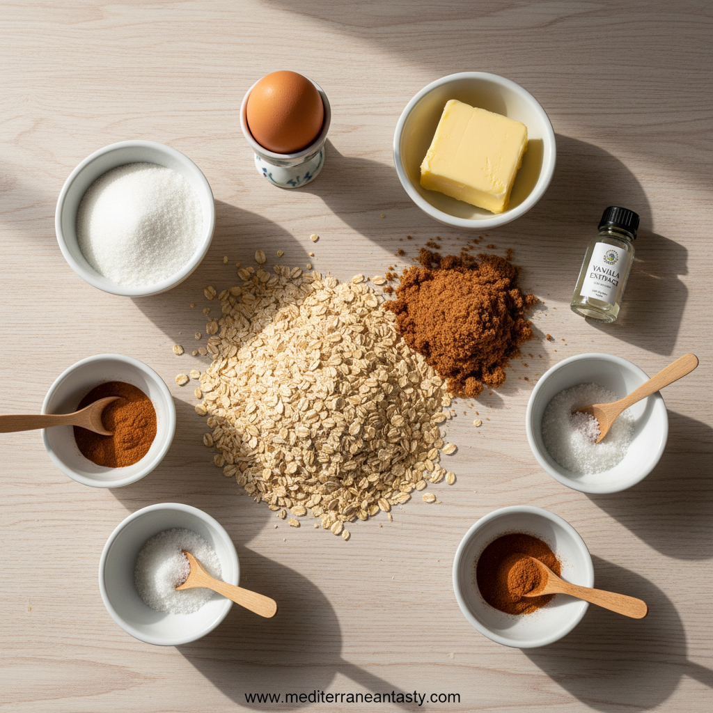 Simple ingredients for one bowl oatmeal cookies