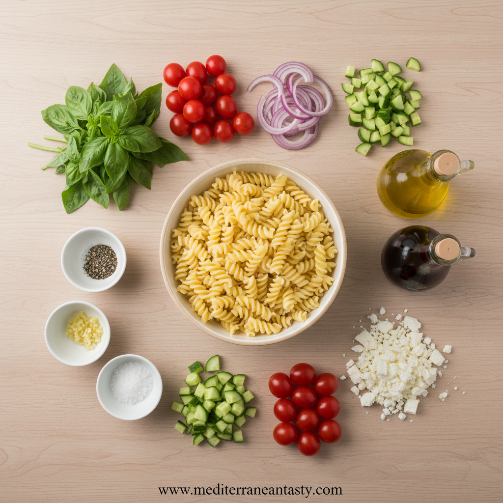 Fresh ingredients including tomatoes, basil, pasta, olive oil, and vegetables for pasta salad