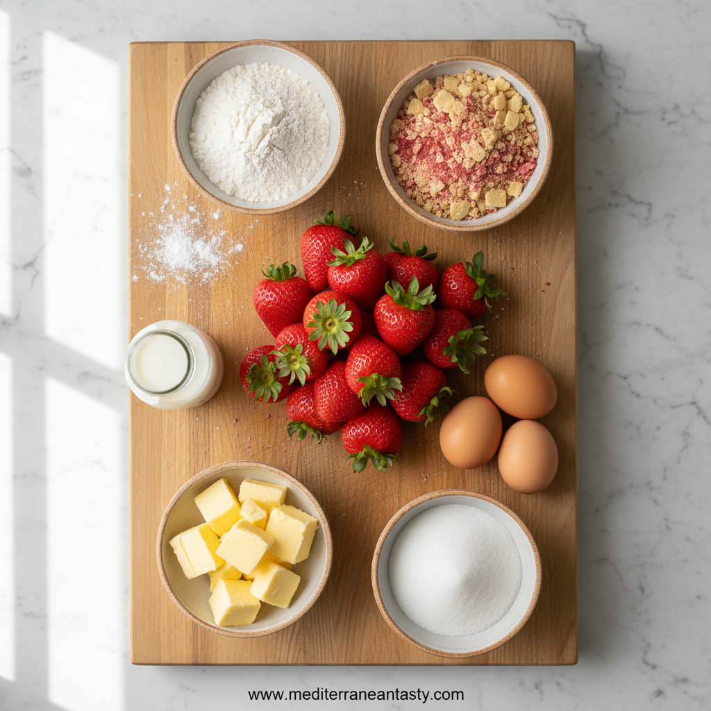 Ingredients for strawberry crunch cake including fresh strawberries, cookies, and cake mix