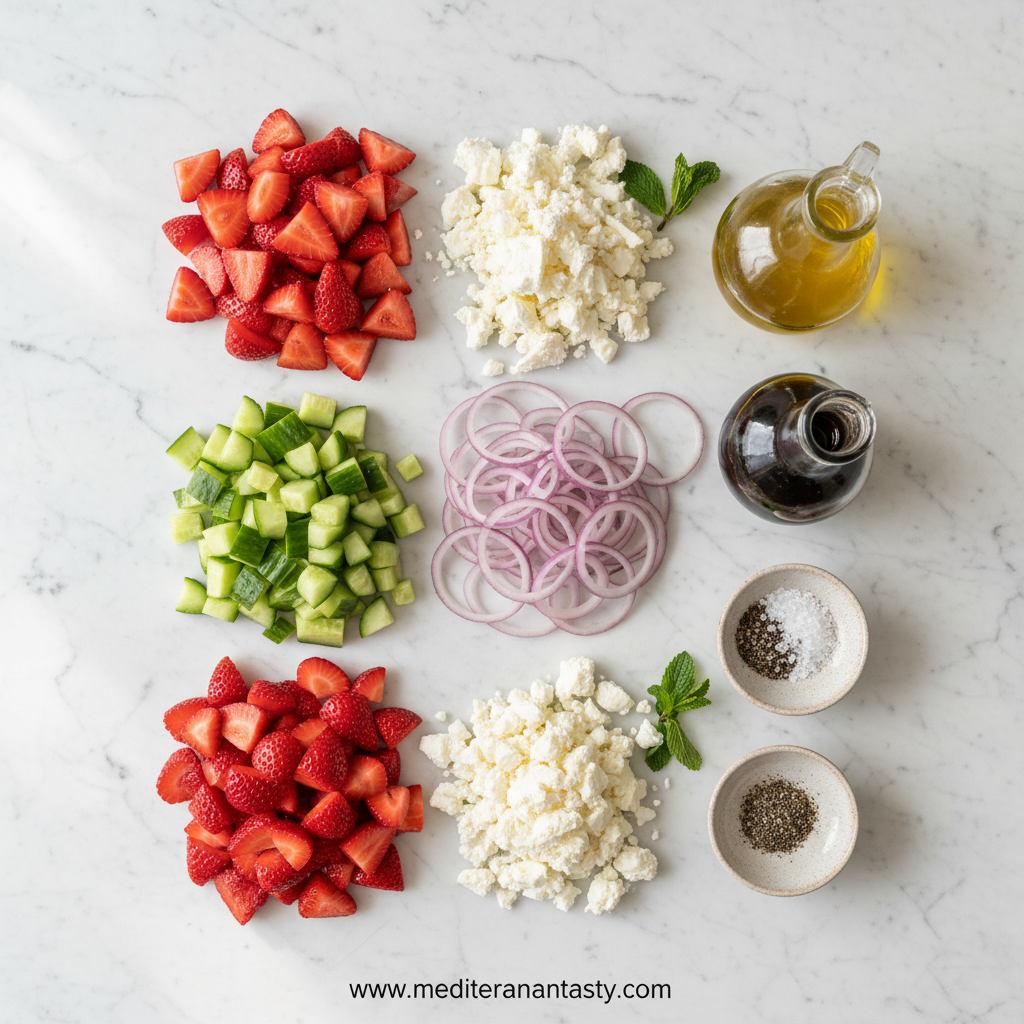Fresh ingredients for strawberry cucumber feta salad