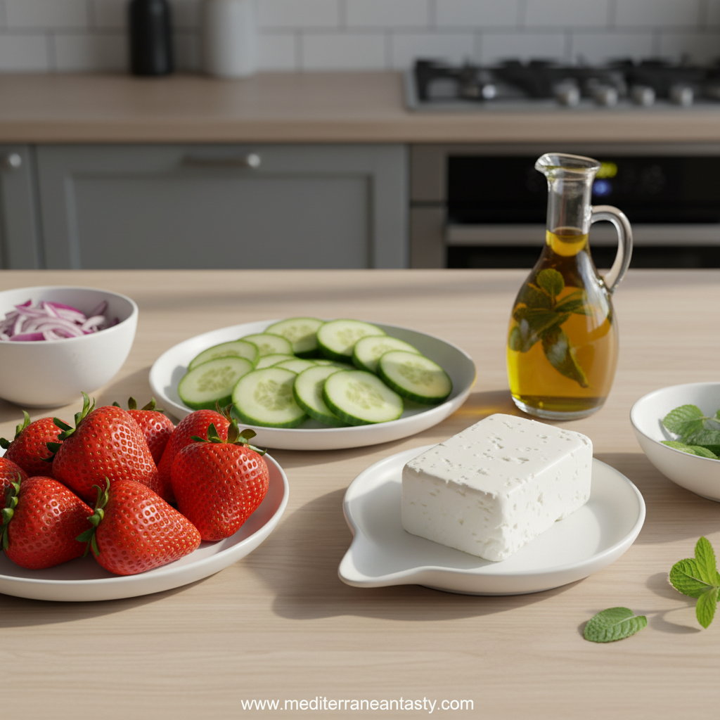 Fresh ingredients for strawberry cucumber feta salad