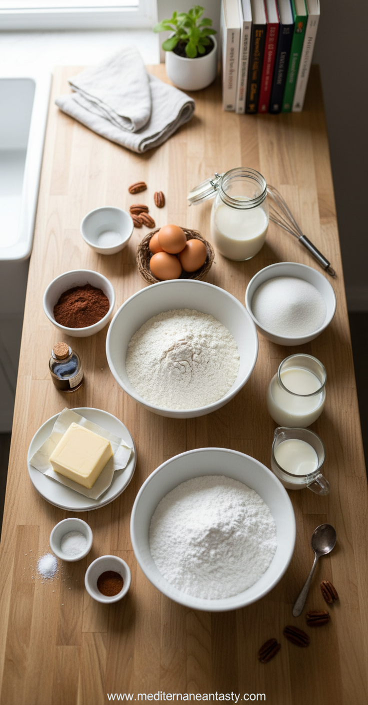 Ingredients for chocolate sheet cake including flour, cocoa powder, sugar, and eggs