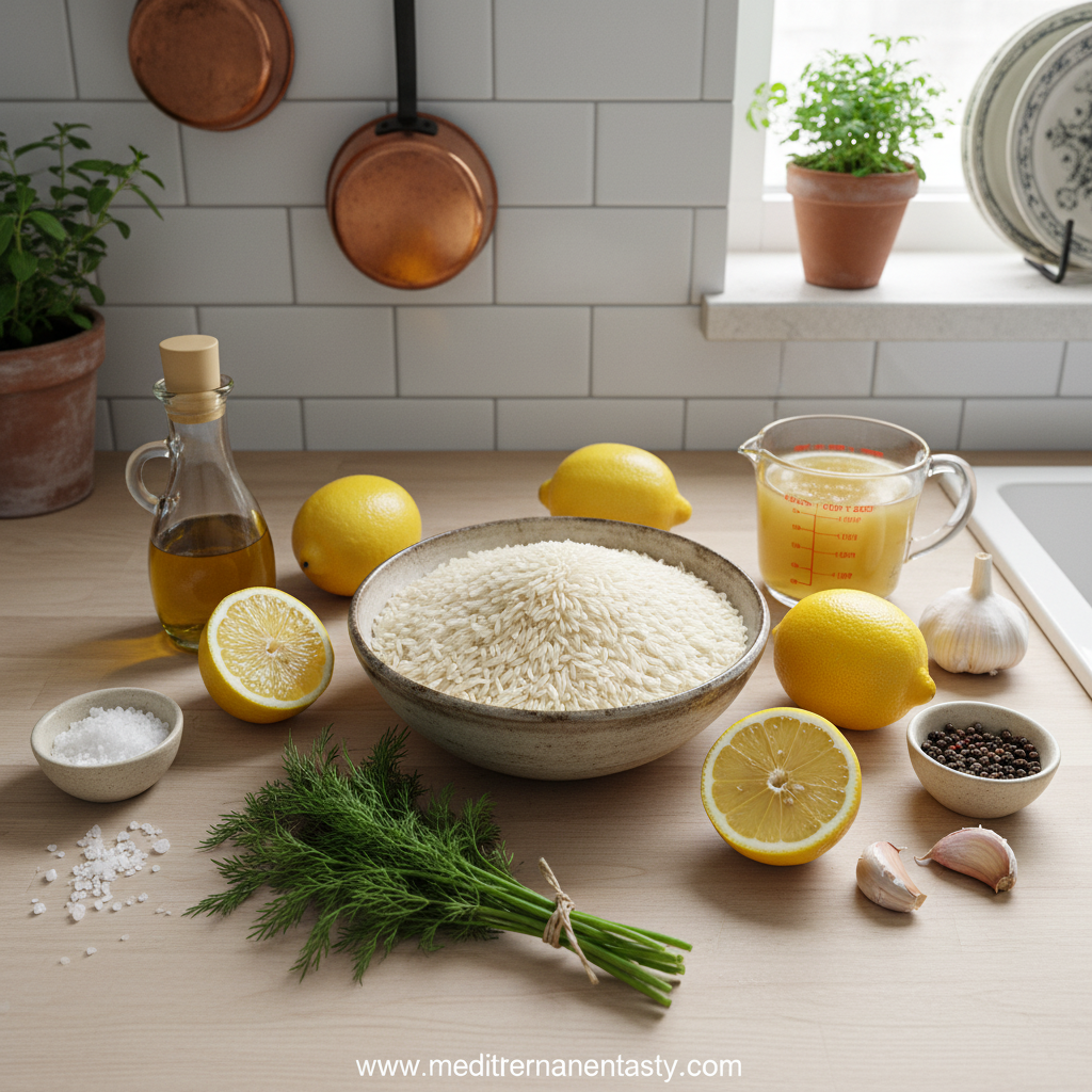 Ingredients for Greek lemon rice including rice, lemons, herbs and seasonings