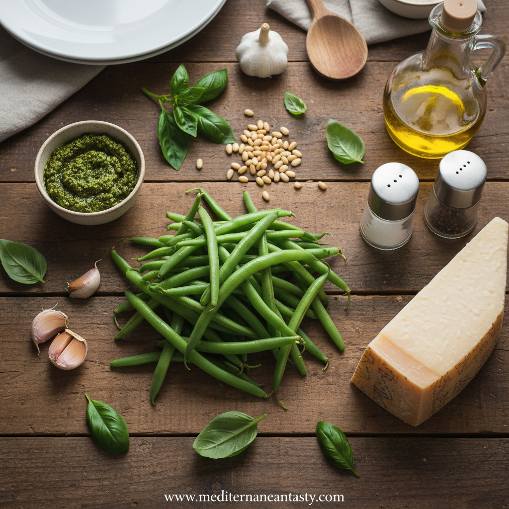 Fresh green beans, basil pesto, olive oil, and seasonings for pesto green beans