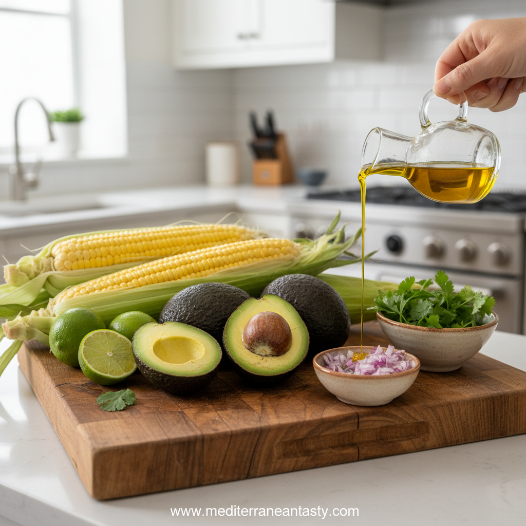 Ingredients for fresh corn avocado lime dressing
