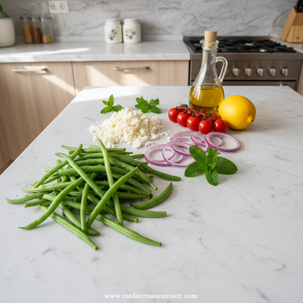 Ingredients for green bean feta salad including fresh vegetables and cheese