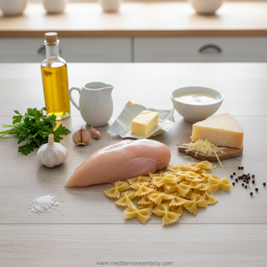 Ingredients for garlic butter chicken pasta arranged on counter