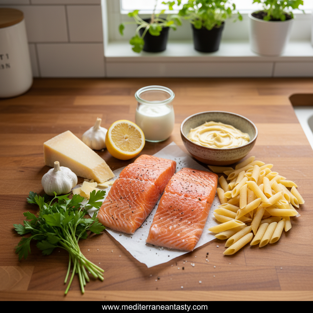Ingredients for garlic butter salmon pasta recipe