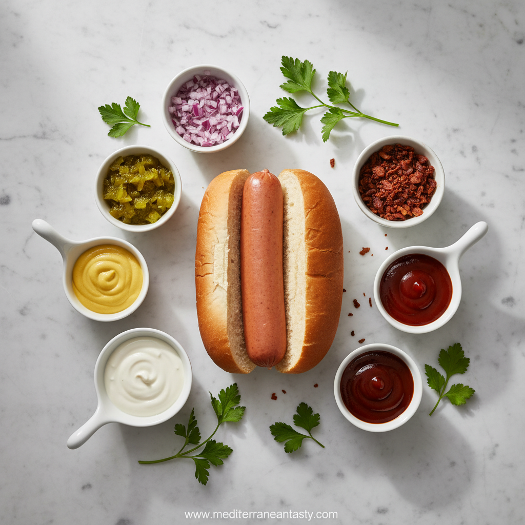 Ingredients for gourmet hot dog toppings