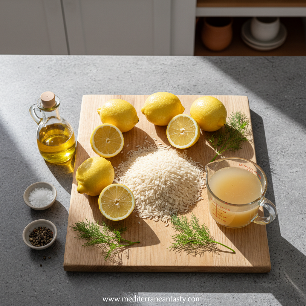 Ingredients for Greek lemon rice including rice, lemons, herbs, and olive oil