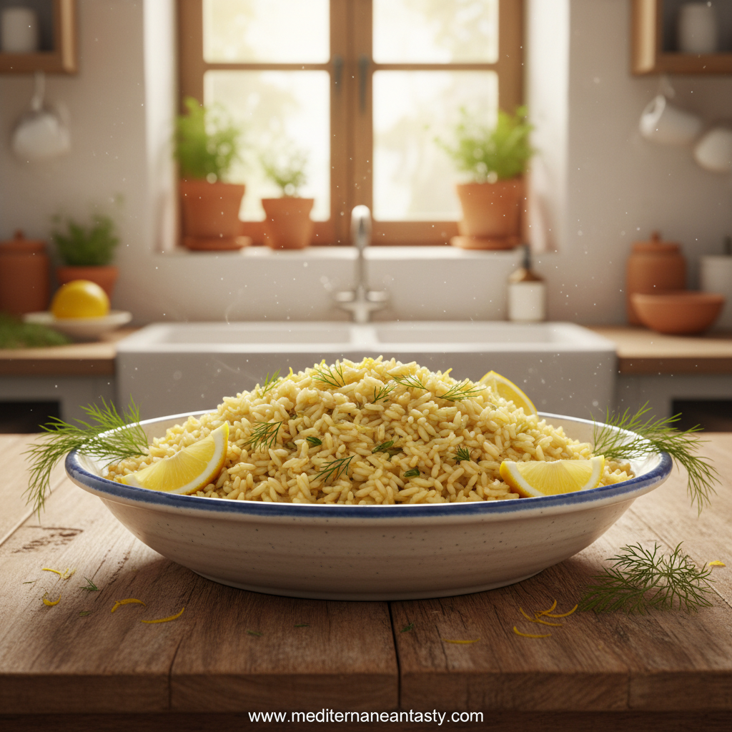 Greek lemon rice with fresh herbs and lemon wedges