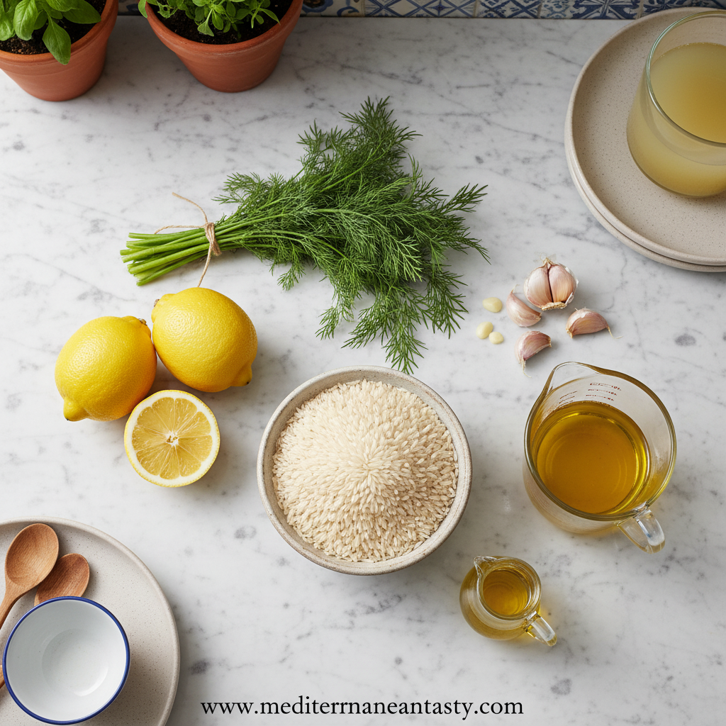 Fresh ingredients for Greek lemon rice including lemons, herbs, and rice