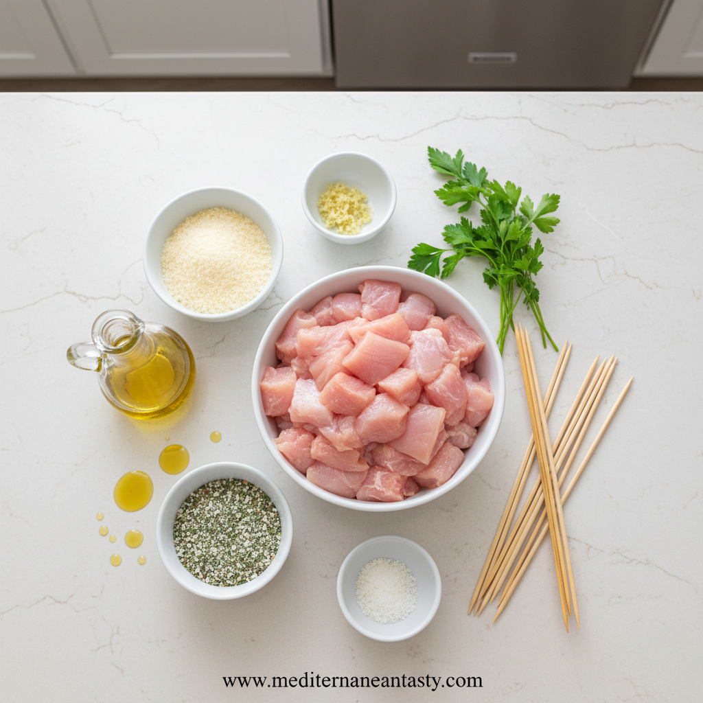 Fresh ingredients for garlic parmesan chicken skewers