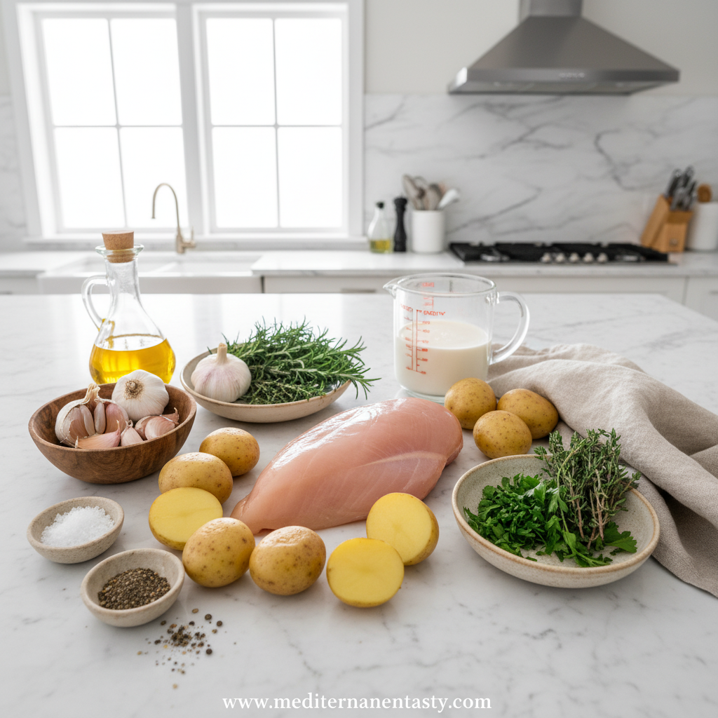 Ingredients for creamy garlic chicken and crispy potatoes